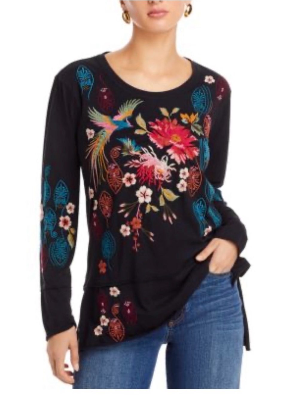 Johnny Was Black Embroidered Floral & Parrot Long-Sleeve Top Sz XS NWT